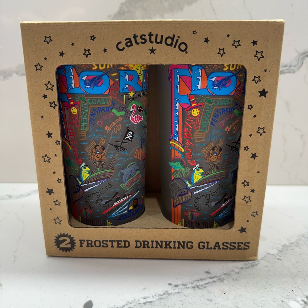 Catstudio Florida Frosted Drinking Glasses -Colorful Map Design 15oz (Set of 2)